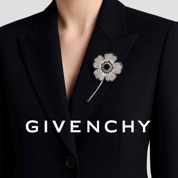GIVENCHY Signed Silver Crystal Flower Brooch Vintage Old Money Luxury - Picture 1 of 16